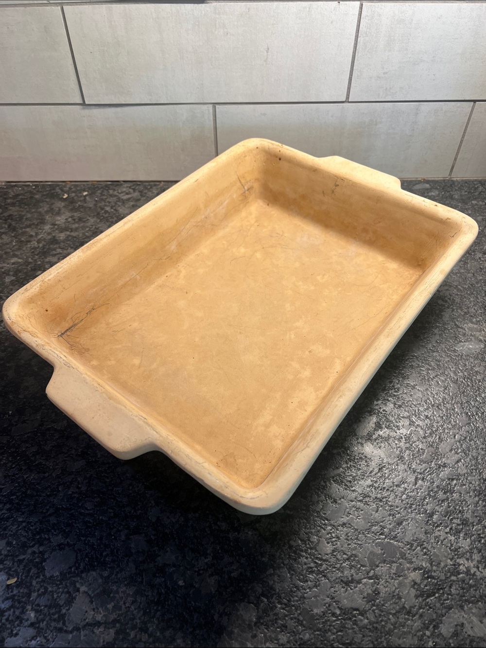 Home and Garden Rectangular stoneware Baking Dish in Light Tan. Preseasoned